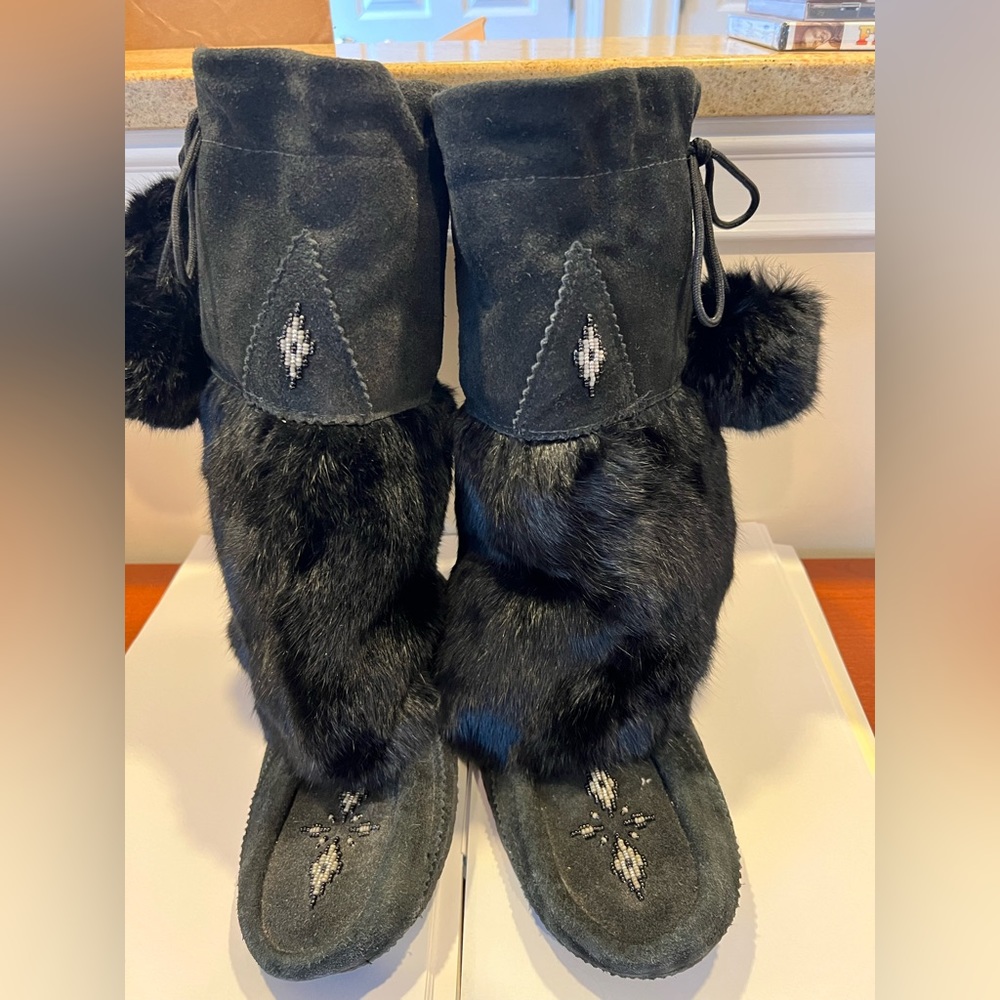 Woman’s suede mid-calf Black rabbit fur Canadian Mukluks